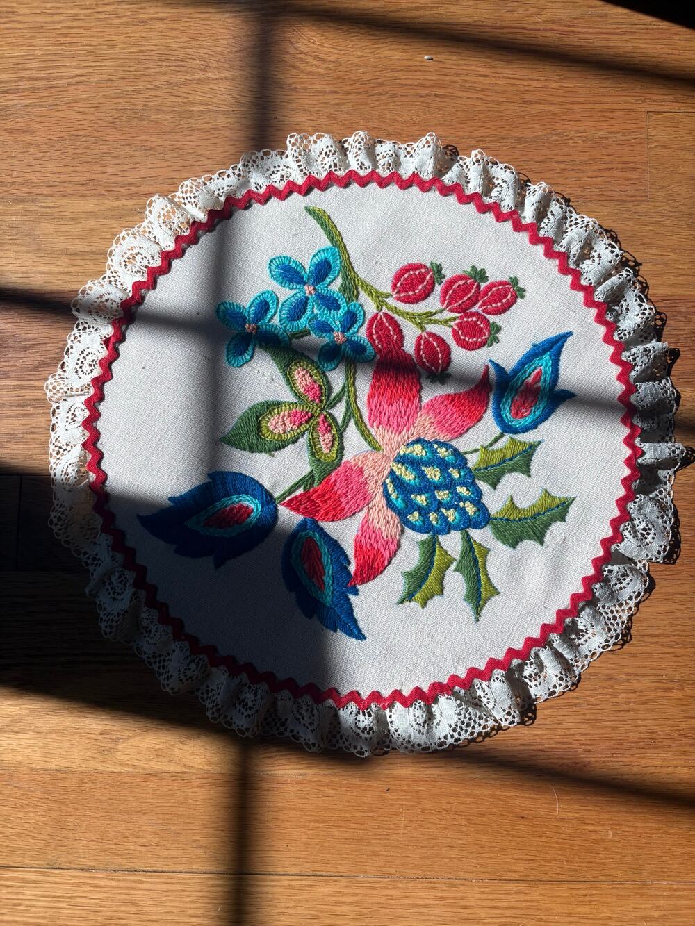 Vintage floral crewel hanging art